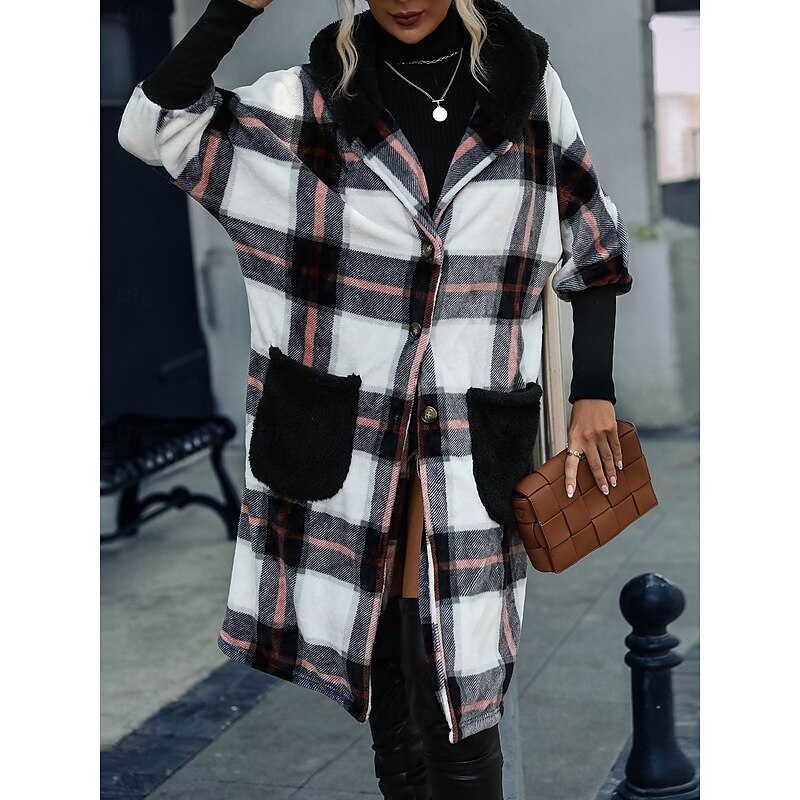 Women's Teddy Coat Coat Warm Pocket Fashion Casual Plaid Work Street Single Breasted Lapel Loose Fit Long Sleeve Outerwear Black Fall Winter3