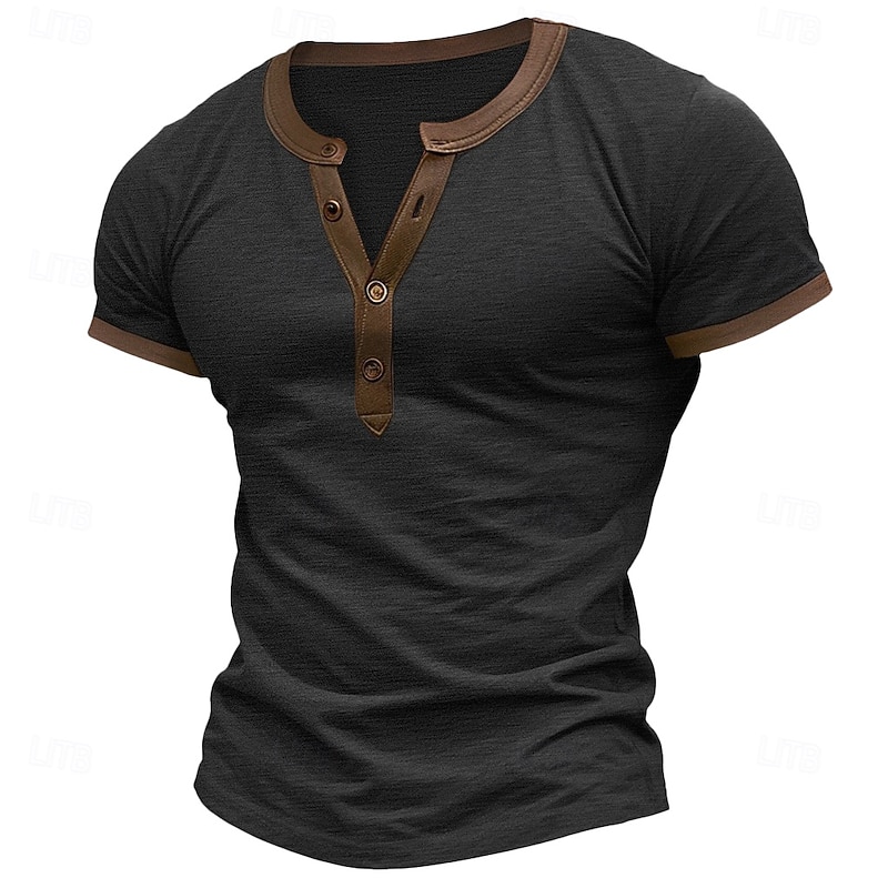 Men's T shirt Tee Henley Shirt Tee Top Solid Color Henley Outdoor Casual Short Sleeve Patchwork Button Clothing Apparel Fashion Designer Comfortable