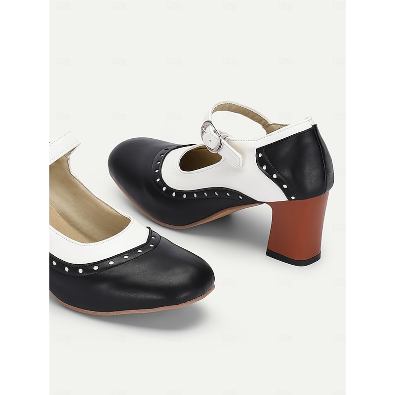 Women's Black and White Mary Jane Block Heel Shoes - Retro Style with Buckle Strap for Vintage-Inspired Outfits3
