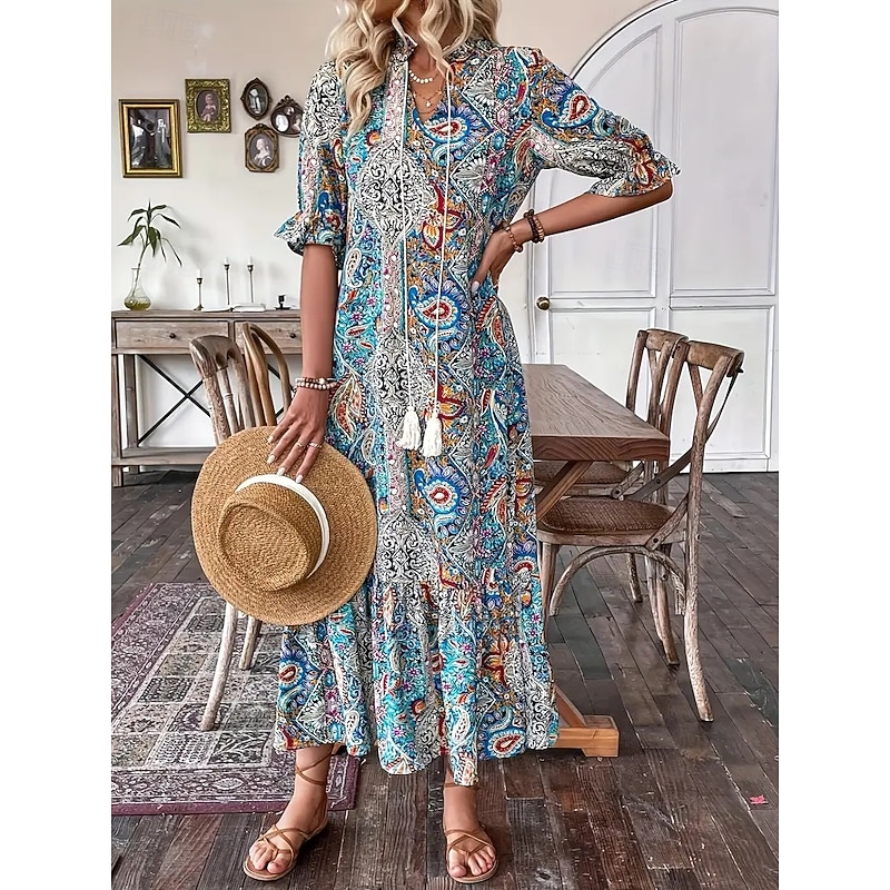 Women's Maxi Dress Casual Dress Boho Dress Stylish Casual Daily Loose Fit Graphic Long Sleeve V Neck Blue Spring Fall3