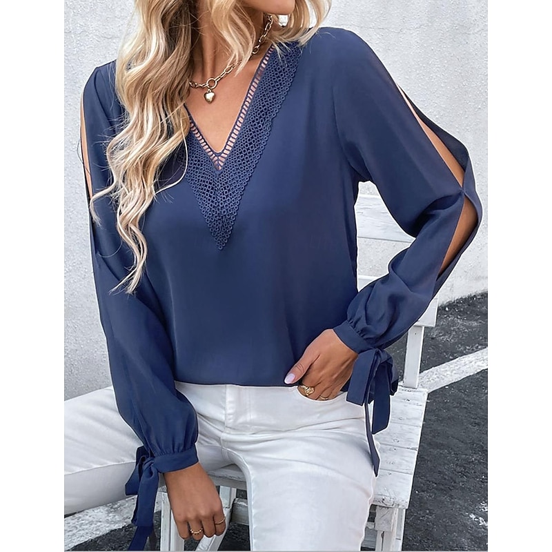 Women's Elegant Lace Tops Eyelet Blouse Stylish Modern Lace Hollow Out Long Sleeve Regular Tops V Neck Work Daily Romantic Petite Tops Summer Holiday Wear Blue Semi Formal Blouses