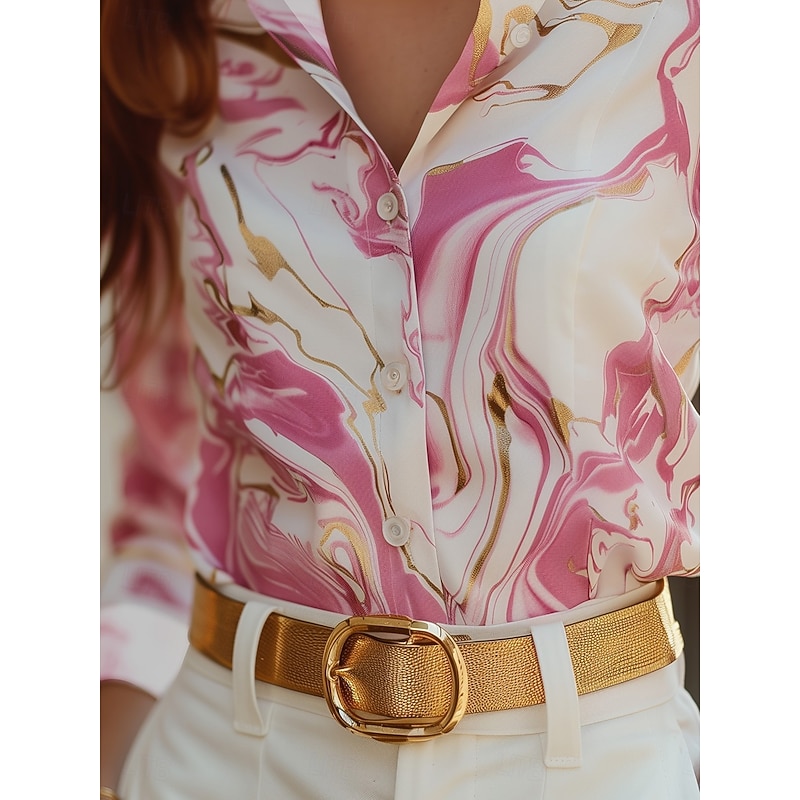 Women's Shirt Button Down Tunic Shirt Collar Long Sleeve Marble Print Work Elegant Stylish Business Pink Fall3