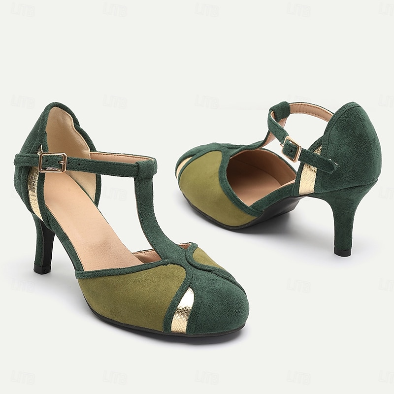 Women's Vintage Green & Gold Suede T-Strap Heels, Retro-Inspired Fashion Shoes for Special Occasions and Everyday Elegance2