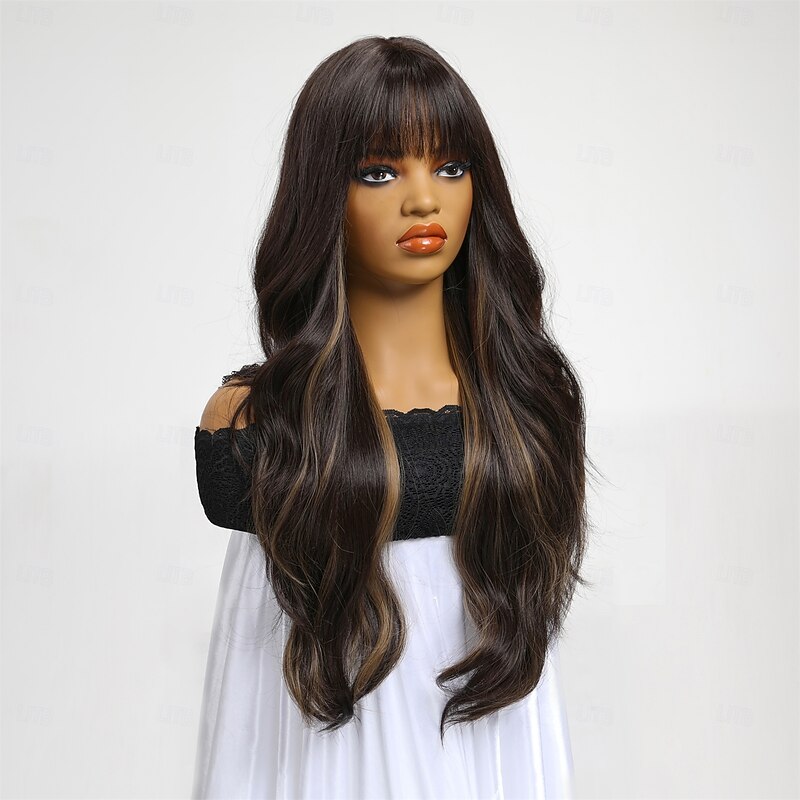 Synthetic Wig Uniforms Career Costumes Princess Straight kinky Straight Middle Part Layered Haircut Machine Made Wig 26 inch Dark Brown Synthetic Hair Women's Cosplay Party Fashion Dark Brown3