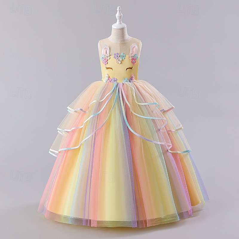 Kids Girls' Dress Color Block Rainbow Sleeveless Party Sweet Polyester Maxi Tulle Dress Summer Spring 3-12 Years Light Pink White Ivory4