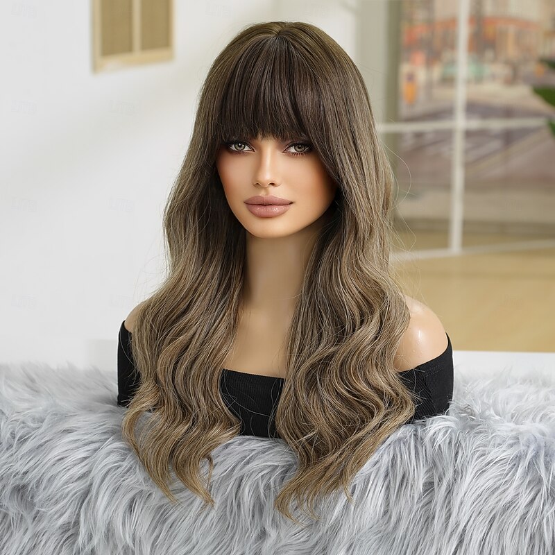 Synthetic Wig Wavy Bouncy Curl Middle Part With Bangs Wig 24 inch Dark Brown Synthetic Hair Women's Elastic Comfortable With Bangs Dark Brown2