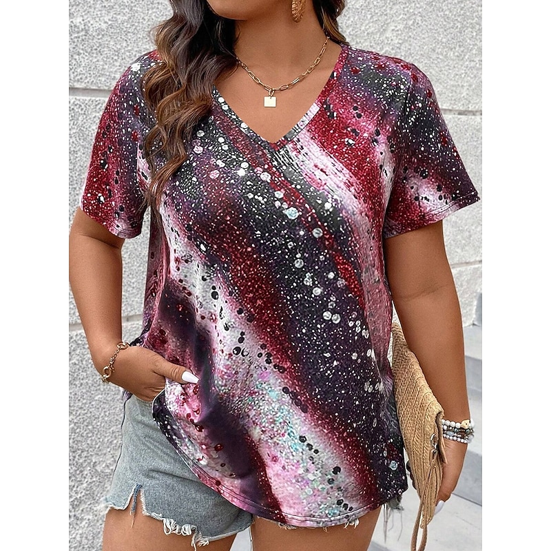 Women's T Shirt Casual Print Short Sleeve Regular Tops V Neck Daily Red Blue Purple Green Spring Fall