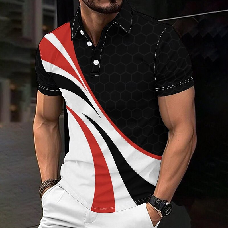 3D Line Men's Casual Print Polo Set Casual Daily Wear 95% Polyester 5% Spandex Short Sleeve Turndown Polo Shirts White Spring & Summer S M L Micro-elastic Lapel Polo