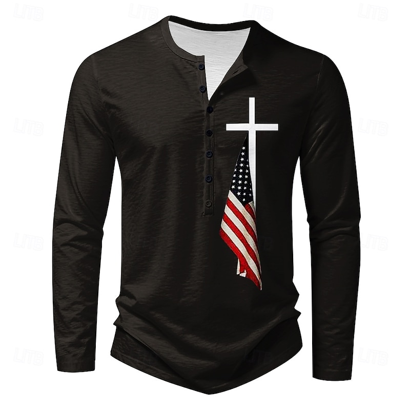 Men's New Year Flag Long Sleeve Shirt Long Sleeve Print Daily Casual Daily Festival Spring &  Fall Black Blue Green Light Grey Henley Henley T-Shirt