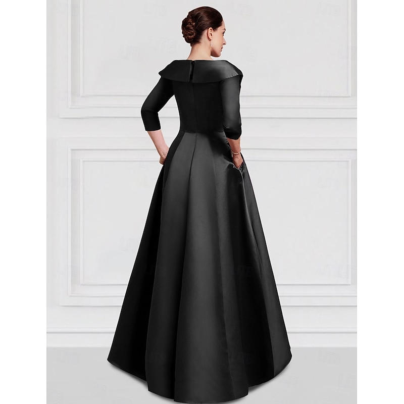 Black A-Line Evening Gown Vintage Embroidered Elegant Dress Tuxedo Dress Formal Floor Length Long Sleeve V Neck Pocket Satin with Beading Appliques2