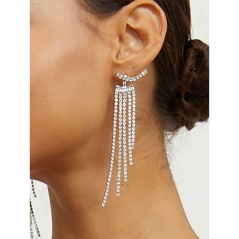 Elegant Long Dangle Earrings with Zircon Crystals - Lightweight Alloy Statement Jewelry for Women, Perfect for Evening Events and Parties