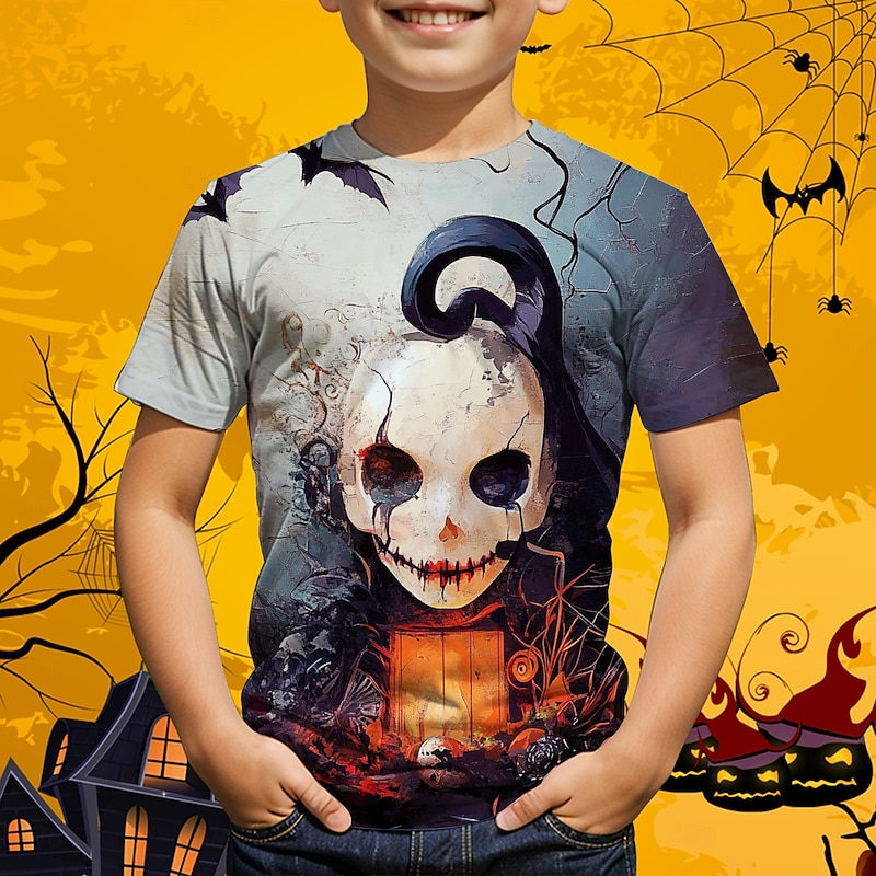 Halloween Boys 3D Graphic Skull T shirt Tee Short Sleeve Summer Spring Fashion Basic Polyester Kids 4-12 Years Crew Neck Outdoor Casual Daily Regular Fit