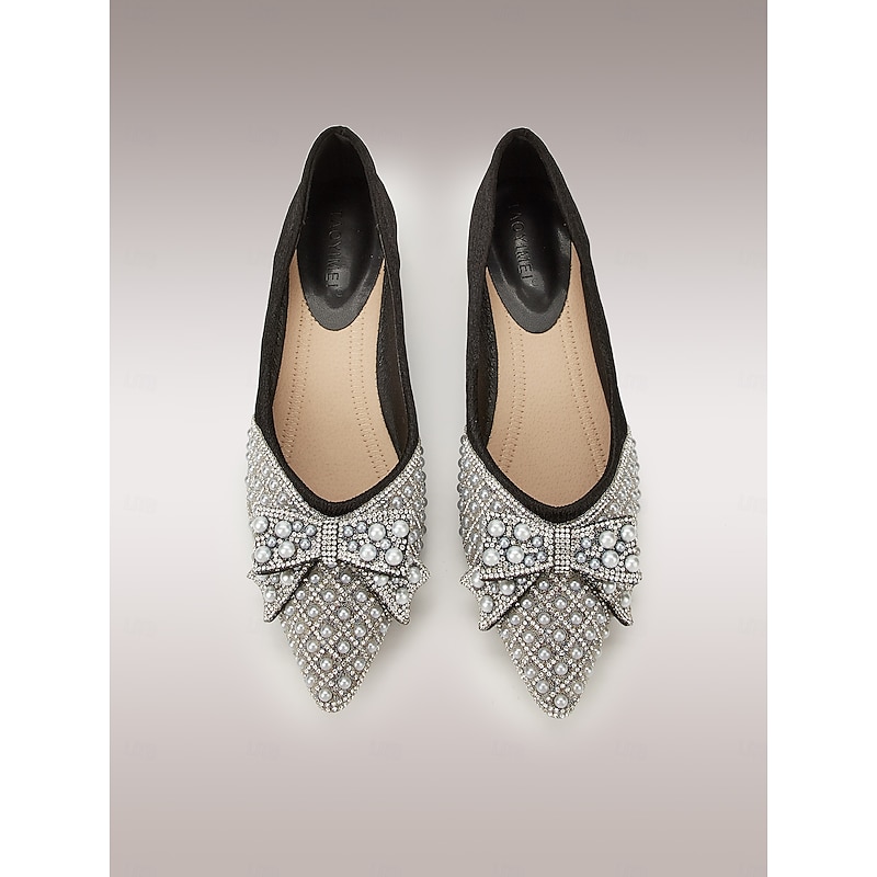 Women's Black Embellished Flats with Pearls and Rhinestones, Bow Detail, and Gold-Tipped Low Heel - Elegant Dress Shoes for Formal Occasions