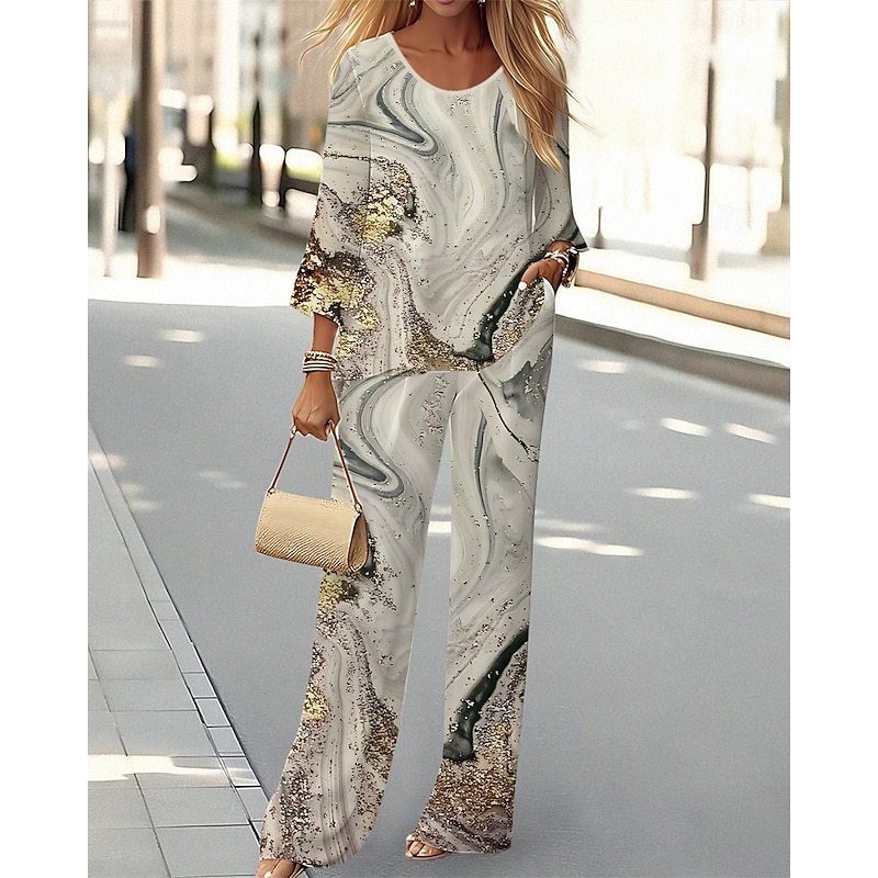 Women's 2 Pieces Streetwear Daily Shirt Pants Sets Wide Leg Pants Trousers Long Sleeve V Neck Graphic Abstract Print Casual Holiday Gray Fall & Winter Regular Fit