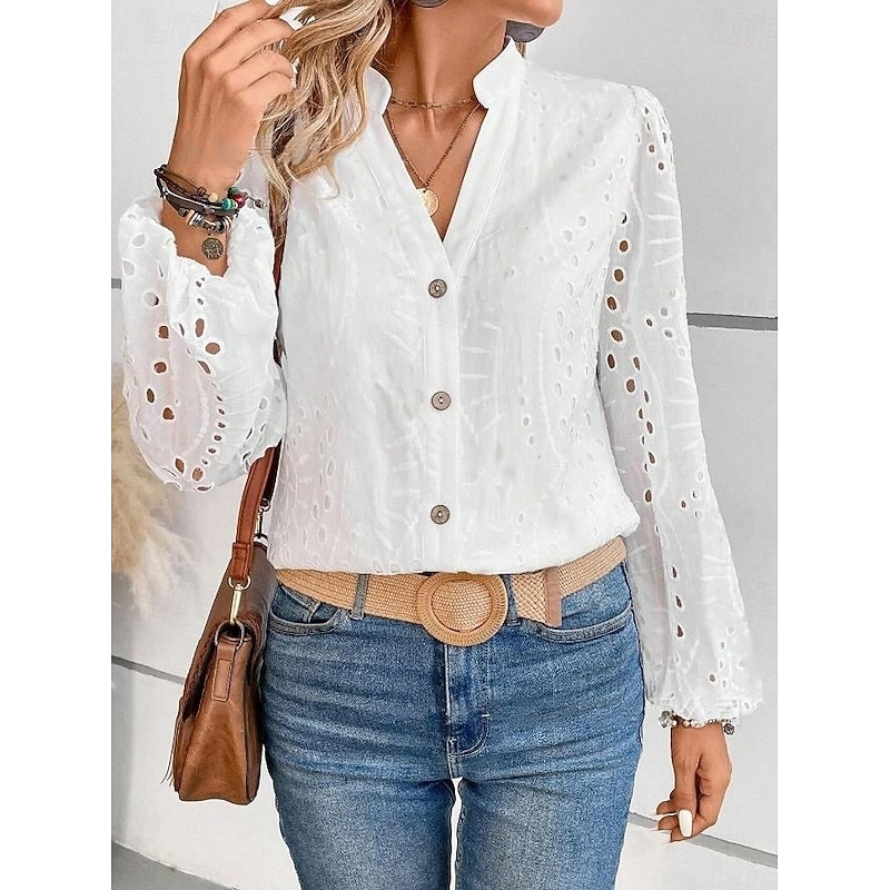 Women's Blouse Cotton Elegant Stylish Modern Solid Color Embroidered Hollow Out Lantern Sleeve Long Sleeve Regular Tops V Neck Daily White Spring Fall Winter3