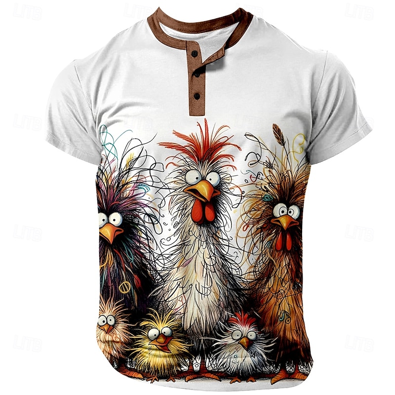 Men's Halloween Turkey Henley Shirt Short Sleeve 3D Print Designer Cartoon Party Casual Festival Summer Winter Spring &  Fall Light Blue White Yellow Red Dark Green Henley Henley T-Shirt