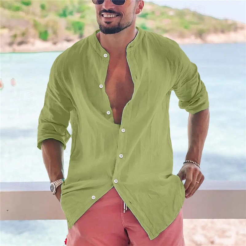 Men's Shirt Band Collar Shirt Popover Shirt Summer Shirt Beach Wear Button Up Shirt Plain Vacation Curise Black White Pink Green Long Sleeve Band Collar Spring & Summer Clothing Apparel4