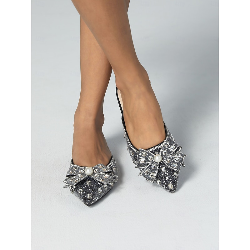 Women's Black Glitter Mules with Rhinestone and Pearl Bow Detail for Parties and Formal Events