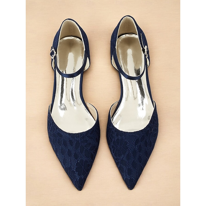 Women's Navy Blue Lace Flats with Ankle Strap and Pointed Toe - Elegant Wedding and Evening Shoes