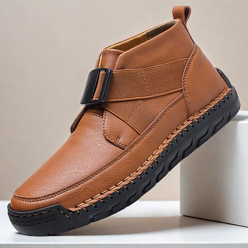 Men's Brown Faux Leather Ankle Boots with Handcrafted Stitching, Strap and Buckle Detail for Casual and Outdoor Style