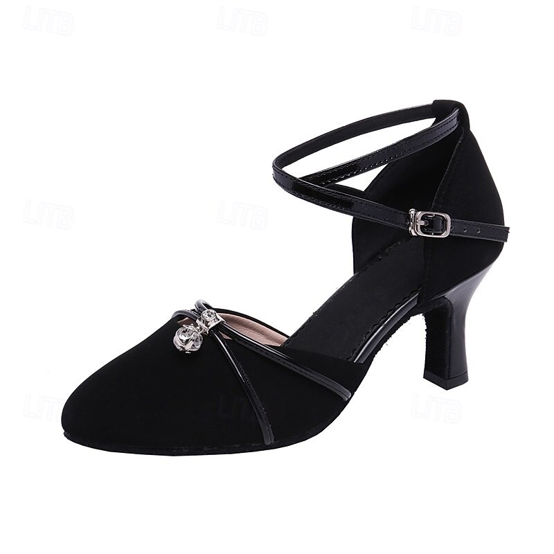 Women's Black Dance Shoes with Ankle Strap and Rhinestone Accent, Closed-Toe Ballroom Heels for Latin and Salsa Dancing