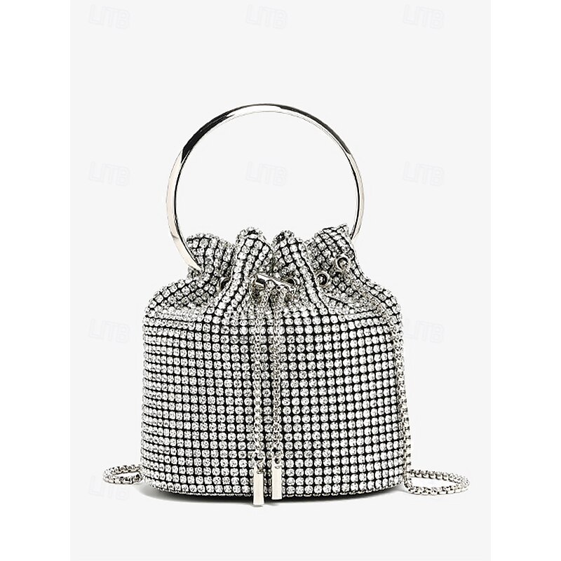 Women's Sparkling Silver Rhinestone Bucket Bag with Metal Ring Handle | Glamorous Accessory for Evening Parties and Special Occasions