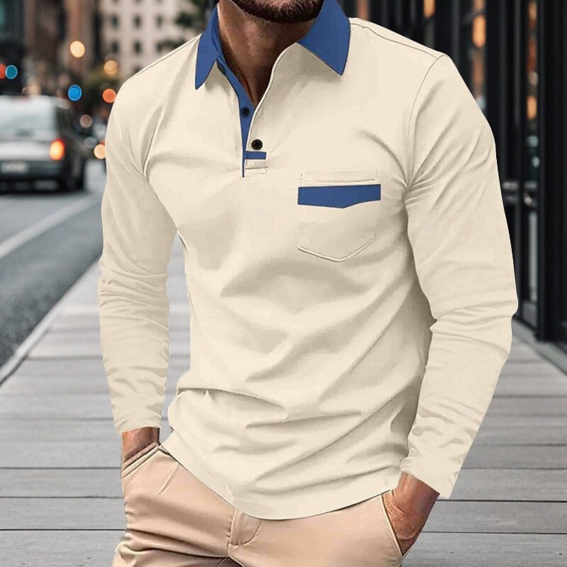 Men's Golf Shirt Golf Polo Work Casual Lapel Long Sleeve Basic Modern Color Block Patchwork Button Spring &  Fall Regular Fit Black White Navy Blue Sky Blue Beige Gray Golf Shirt4