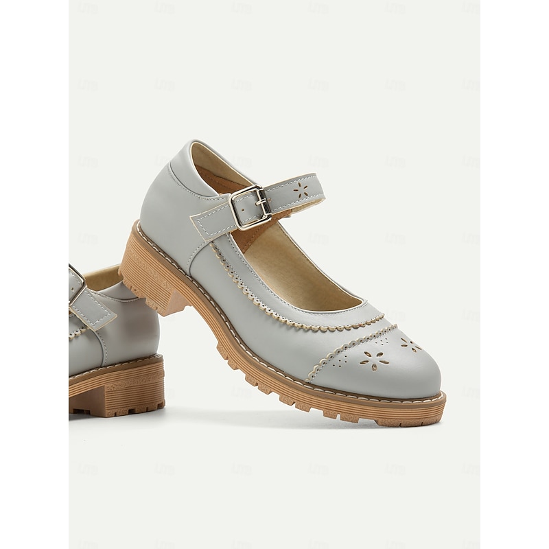 Women's Vintage Mary Jane Flats - Grey Leather with Cutout Floral Design and Buckle Strap, Perfect for Casual and Formal Wear3