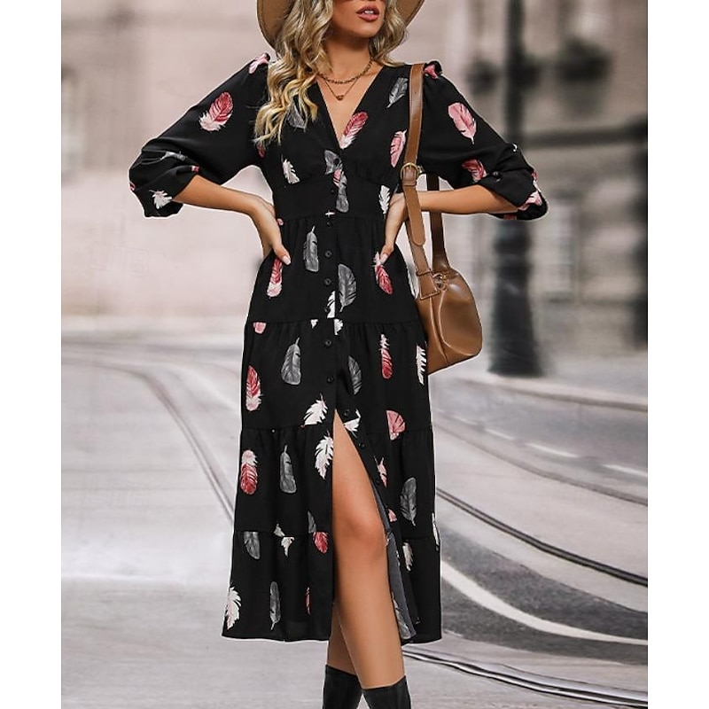 Women's Feather Print V Neck Midi Dress 3/4 Length Sleeve Spring Fall
