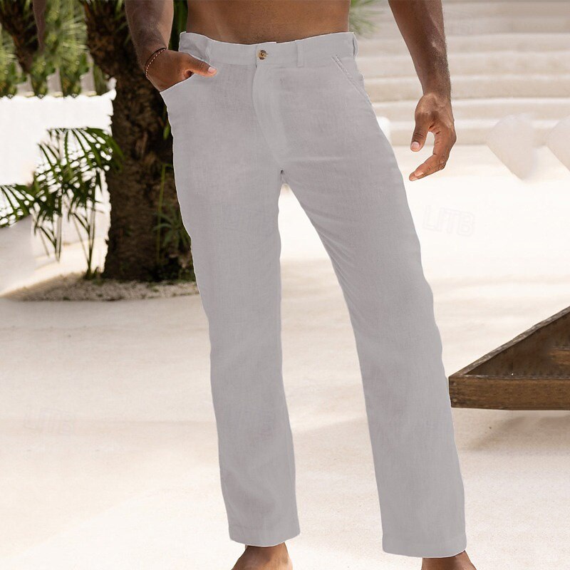 Men's Linen Pants Dress Pants Summer Pants Buttons Front Pocket Straight Leg Plain Comfort Breathable Casual Daily Holiday Fashion Basic Black White4