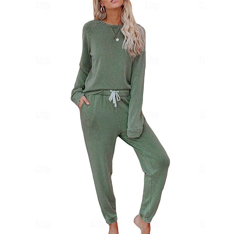 Women's Pajamas Sets Pure Color Fashion Basic Comfort Home Daily Bed Breathable Crew Neck Long Sleeve Pant Pocket Elastic Waist Fall Winter Home Outfits3