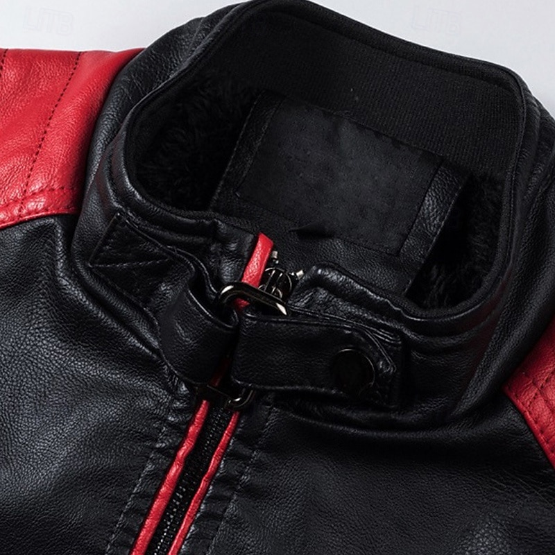 Men's Faux Leather Jacket Transition Jacket Biker Jacket Racing Leather Jacket Vacation Daily Windproof Warm Patchwork Fall & Winter Color Block Fashion Classic Stand Collar Regular Black White Red3