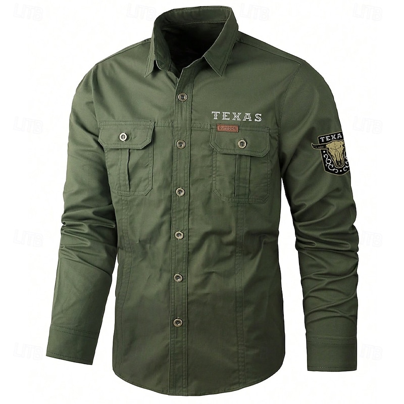 Men's Texas Cow Print Work Shirt Western Shirt Cargo Shirt Long Sleeve Casual Tactical Sports & Outdoor Going out Winter Spring &  Fall Turndown Print Black Army Green Khaki Beige3