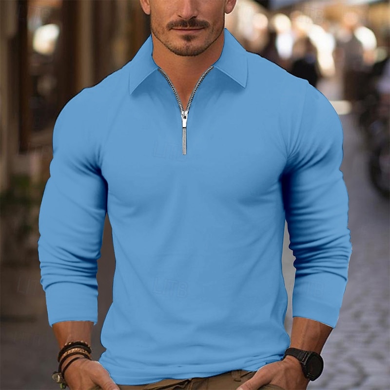 Men's Zip Polo Golf Shirt Work Casual Lapel Long Sleeve Basic Modern Plain Zipper Spring &  Fall Regular Fit Wine Black White Navy Blue Blue Gray Zip Polo3