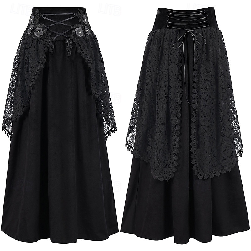 Retro Vintage Punk & Gothic Medieval Skirt Cosplay Costume Maxi Skirt Lace Solid Color Fancy Dress Women's Celtic Pirate Fantasy Masquerade Carnival Casual Daily Adults' Skirt