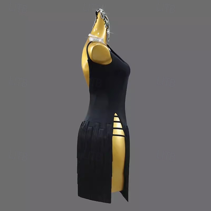 Latin Salsa Dance Dress Tassel Pure Color Splicing Women's Performance Training Sleeveless Chinlon4