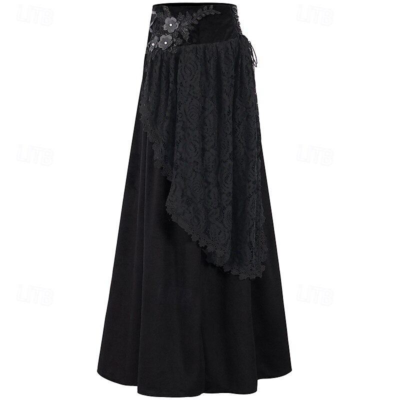 Retro Vintage Punk & Gothic Medieval Skirt Cosplay Costume Maxi Skirt Lace Solid Color Fancy Dress Women's Celtic Pirate Fantasy Masquerade Carnival Casual Daily Adults' Skirt3