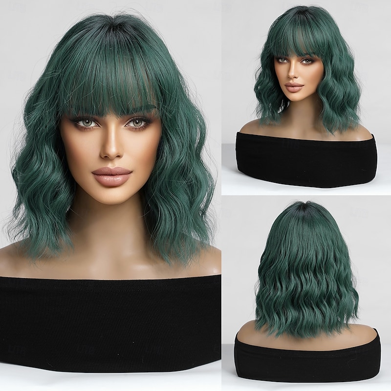 Cosplay Costume Wig Bouncy Curl Bob Neat Bang With Bangs Wig 14 inch Black / Dark Green Synthetic Hair Women's Elastic Adorable Comfortable Green
