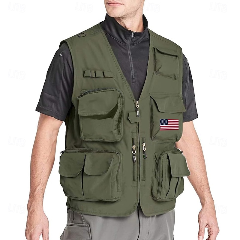 Men's American US Flag Waistcoat Gilet Fishing Vest Tactical Practical Removable Casual Sports Outdoor Fishing Photography Side Pockets Quick Dry Mesh Collarless Sleeveless Army Green Dark Blue