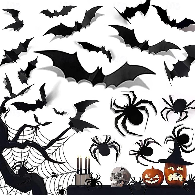 68PCS Large 3D Halloween Sticker Spider and Bat Wall Decals Set - Black Bat Stickers for Halloween Decorations
