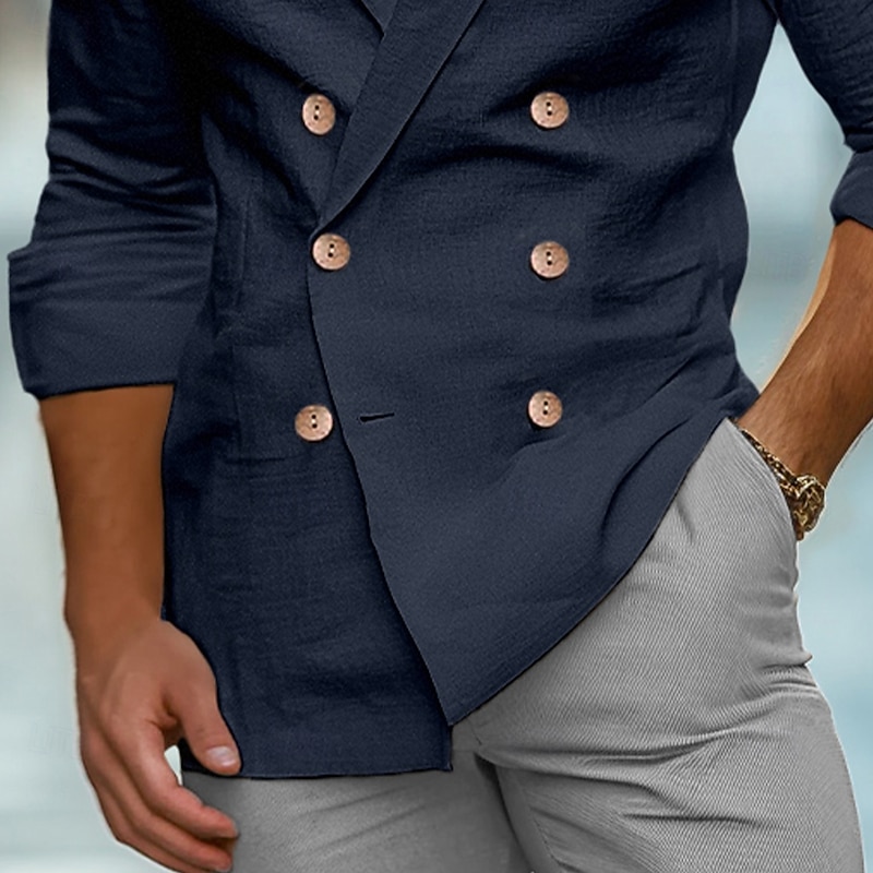 Men's Shirt Linen Shirt Summer Shirt Beach Shirt Solid Color Formal Party Evening Wear White Navy Blue Khaki Long Sleeve Shawl Collar Spring &  Fall Cross-Seasons Clothing Apparel Buttons2