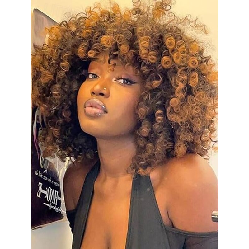 Curly Afro Wigs for Black Women Short Curly Wig with Bangs Kinky Curls Curly Hair Synthetic Wigs for African American Women4