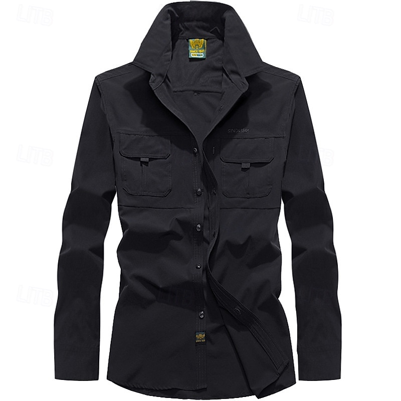 Men's Shirt Workwear Shirts Work Shirt Button Up Shirt Cargo Shirt Black Blue Green khaki Light Grey Long Sleeve Plain Lapel Vacation Holiday Front Pocket Clothing Apparel Fashion Casual Comfortable4