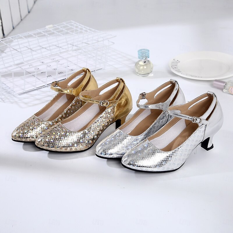 Women's Silver Glitter Ballroom Dance Shoes with Mary Jane Strap, Closed-Toe Heels for Latin and Salsa Dancing2