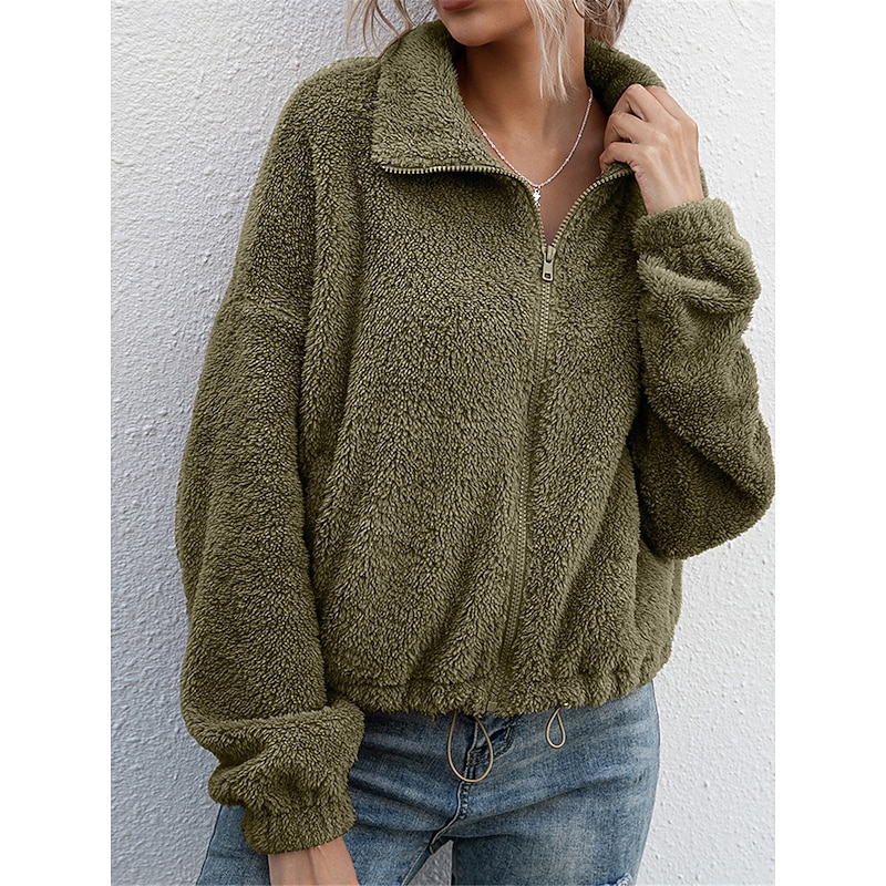 Women's Fleece Jacket Teddy Coat Warm Breathable Zipper Pocket Fleece Lined Casual Color Block Vacation Street Daily Wear Going out Zipper Turndown Regular Fit Long Sleeve Outerwear White Camel Dark 6