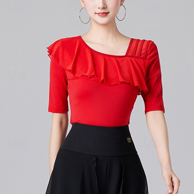 Latin Dance Top Ruffles Pure Color Splicing Women's Performance Training Half Sleeve High Nylon2