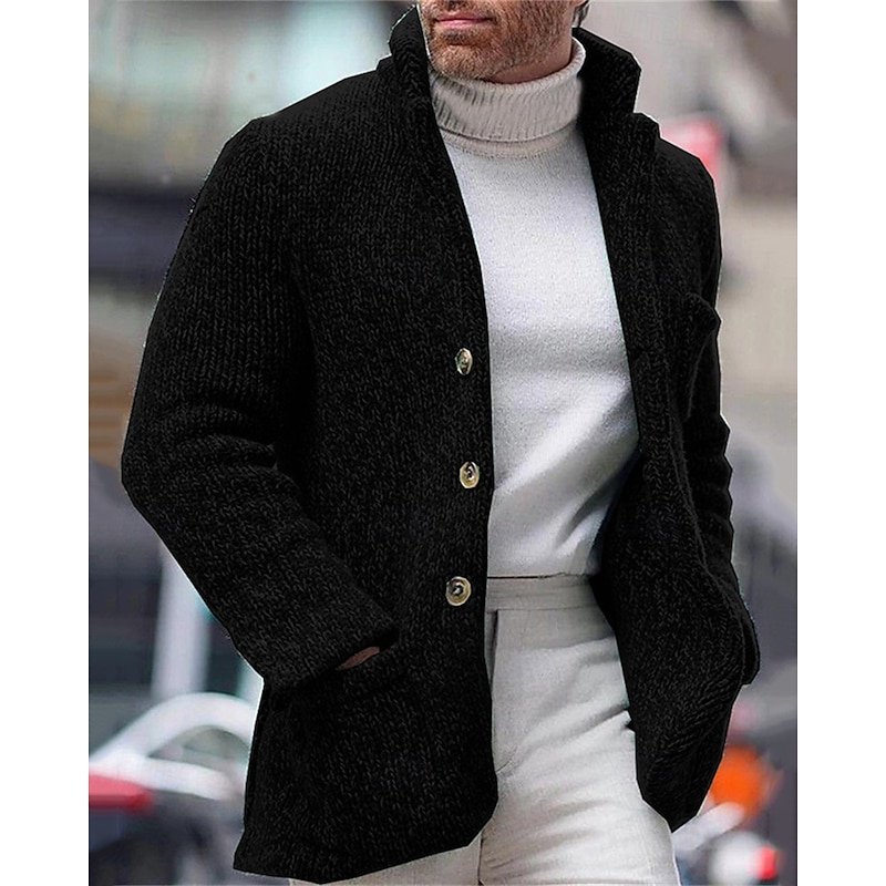 Men's Cardigan Sweater Dress Sweater Cropped  Sweater Ribbed Knit Regular Button Up Pocket Solid Color Stand Collar Fashion Classic Daily Wear Date Clothing Apparel Fall & Winter Black Green S M L