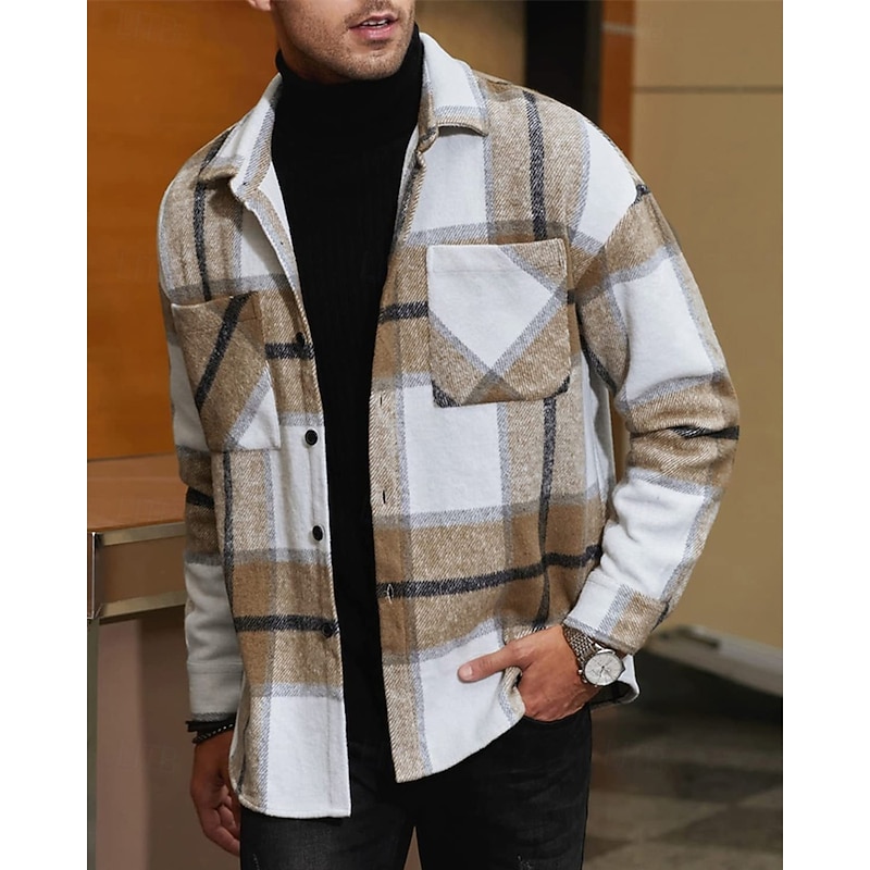 Men's Shirt Jacket Overshirts Transition Jacket Daily Lightweight Pocket Spring Plaid Classic Lapel Regular Red Green Khaki Gray Jacket3