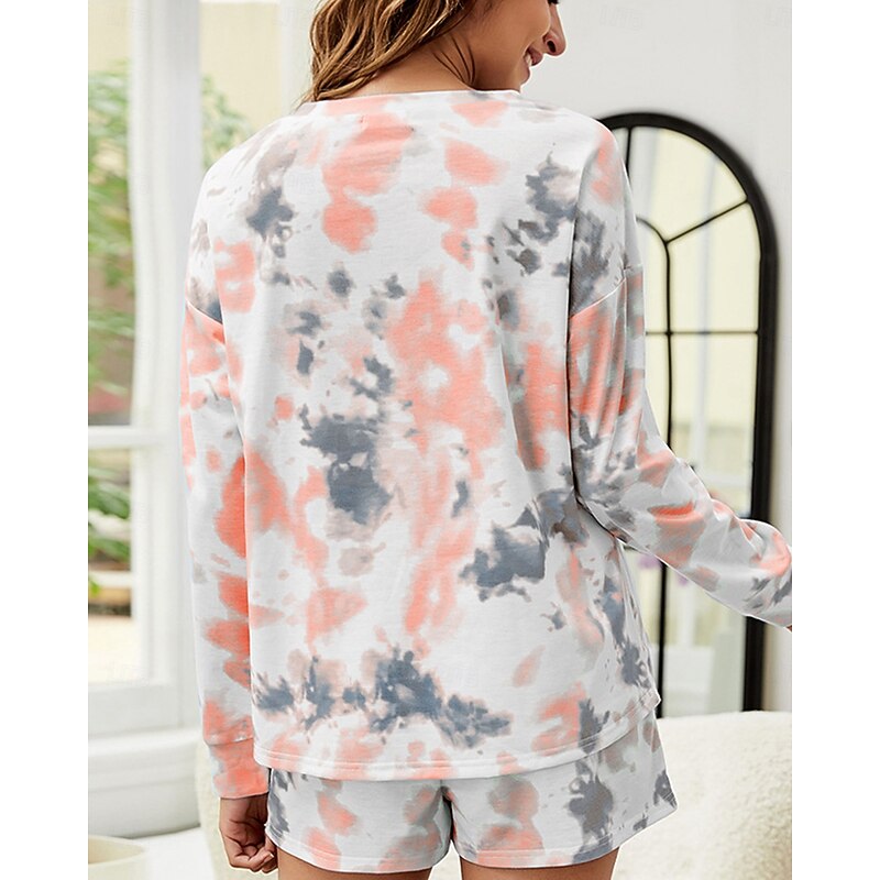 Women's Loungewear Pajama Set 2 Pieces Tie Dye Casual Comfort Home Comfort Crew Neck Long Sleeve Pullover Shorts Spring Fall Home Outfits2