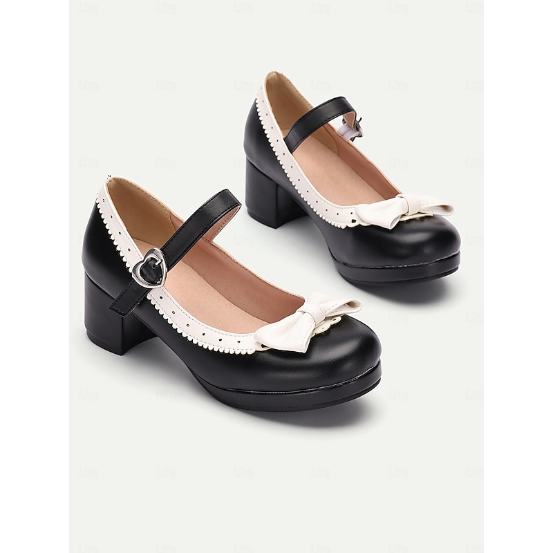 Women's Black and White Mary Jane Heels with Bow Detail and Buckle Strap - Vintage-Inspired Shoes for Parties and Formal Events